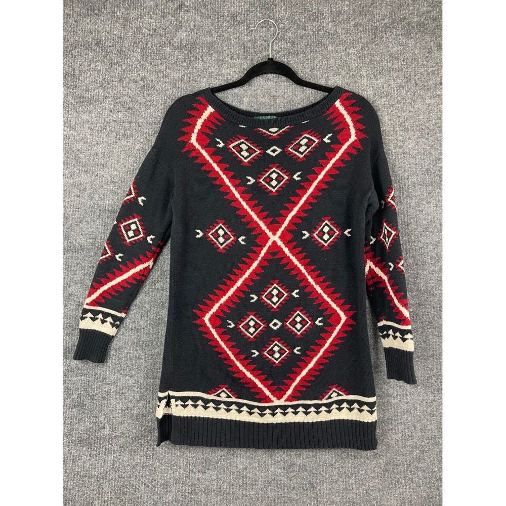 Lauren Ralph Lauren Sweater Womens Small Black Red Excellent Southwestern Cotton